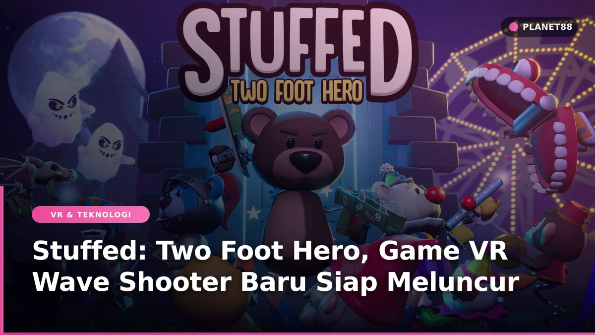 Ilustrasi permainan game VR wave shooter di headset virtual reality