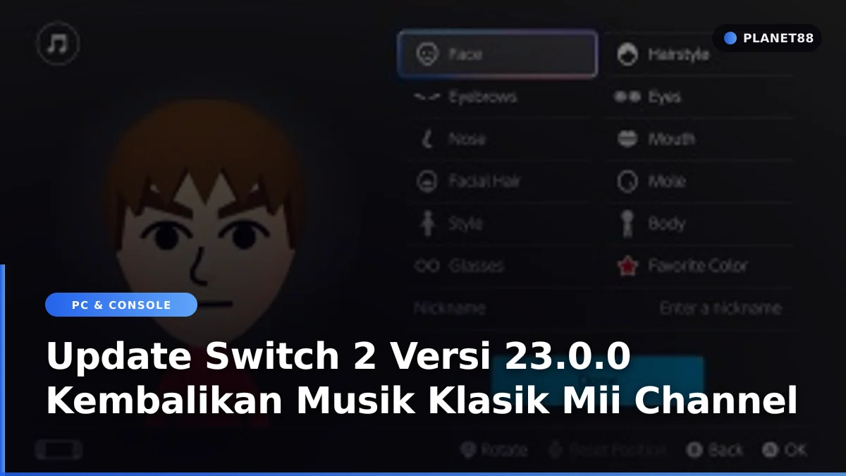 Konsol Nintendo Switch 2 menampilkan menu pengaturan sistem dengan fitur pembuatan karakter Mii.
